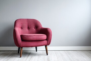 A single cranberry armchair stands against a gray wall.