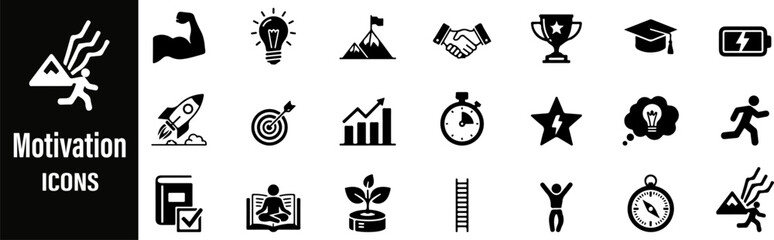 Motivation line black icons set. Motivation line bold black icons set featuring inspiration, goal setting, success, and achievement symbols. Ideal for business, self-improvement.