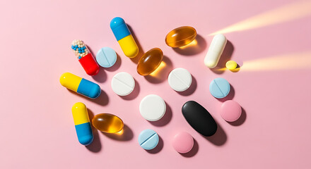 Assorted pharmaceutical medicine pills, tablets and capsules on pink background, healthcare and medical concept, top view