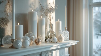 Elegant christmas mantelpiece with candles and decorations in a bright interior