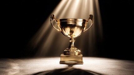 elite. A shining gold trophy on a velvet podium with dramatic spotlight. event key visuals, club posters, designed for fitness apps and gym onboarding, drives event promotion.