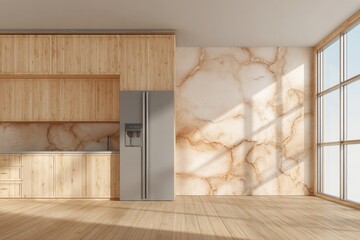 Modern kitchen with wooden cabinets and marble accent wall.