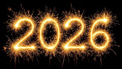 2026 new year bright gold fireworks and sparkler sparks illuminated the night sky with the number 2026 text sign for celebration