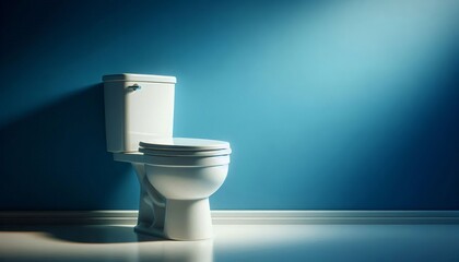 Ceramic toilet bowl near a blue wall, light shines through.