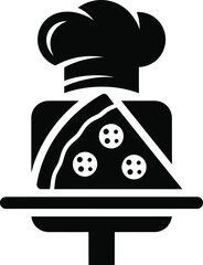 Chef hat topping a pizza slice on a pedestal