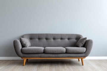 Gray upholstered sofa with tufted back and wooden legs stands against a wall.