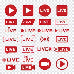 “Red ‘LIVE’ Icon Set – 25 Streaming & Broadcast Symbols with Play Buttons, Speech Bubbles & Signal Effects on Transparent Background for Media, UI & Social Templates”