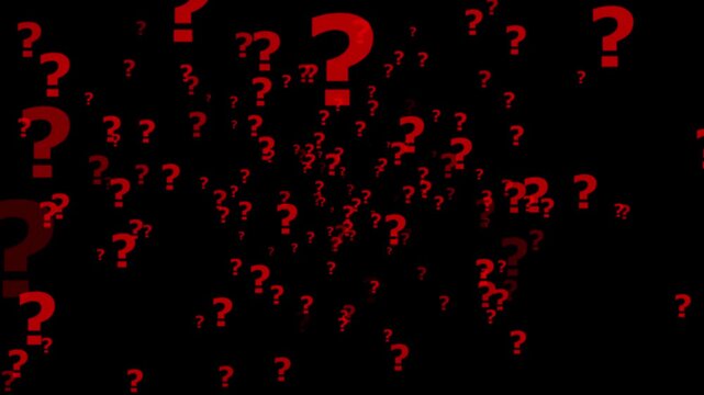 Numerous red question marks of varying sizes and opacities scattered across a black background symbol