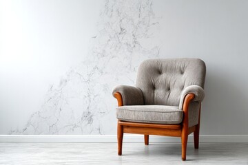 Upholstered armchair sits against a modern marble wall.