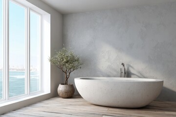 Minimalist bathroom with freestanding tub and ocean view.