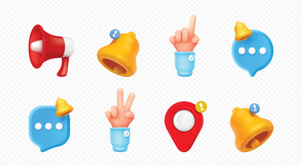 “3D Notification Icon Set – 8 Colorful App Interaction Symbols with Bells, Speech Bubbles, Hands & Location Pins on Transparent Background for UI, Mobile & Social Media Design”