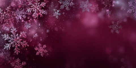 Glittering snowflakes descend against a deep magenta blurred background.