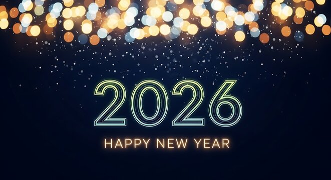 Glowing neon numbers 2026 with Happy New Year text and bokeh lights on dark background celebration future
