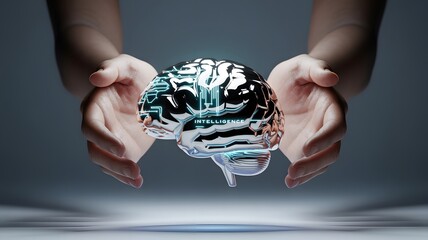 Hands cradling a glowing futuristic brain with intricate circuit patterns representing artificial intelligence and digital consciousness exploration