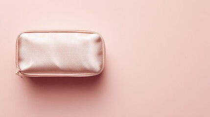 vanity. Cosmetic bag placed elegantly against a pink background, product showcase, clean and simple composition. lifestyle magazines.