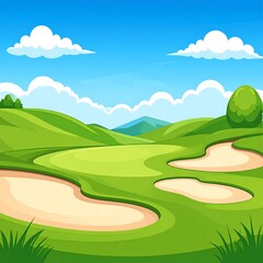 Obraz premium Cartoon illustration of a green golf course with bunkers and bright sky