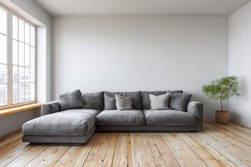 Modern sectional sofa and plant in a bright, minimalist room.
