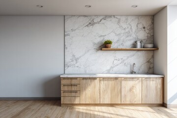 Modern kitchen interior with light wood cabinets and marble accent wall.