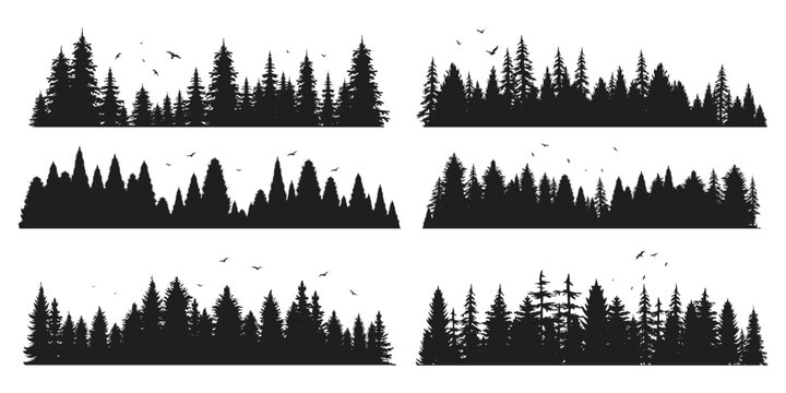 &ldquo;Forest Silhouette Icon Set &ndash; 6 Black Pine & Fir Tree Landscapes with Flying Birds on White Background for Outdoor, Eco & Nature Design&rdquo;