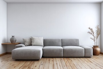 Modern sectional sofa with decorative elements in a bright room.