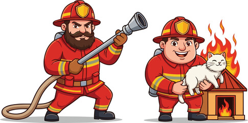 Cartoon firefighter illustration, fire rescue scene, brave emergency workers, saving cat, burning house, safety hero, fire hose, protective uniform, teamwork, compassion