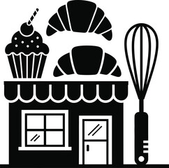 Bakery storefront with baked goods and whisk illustration