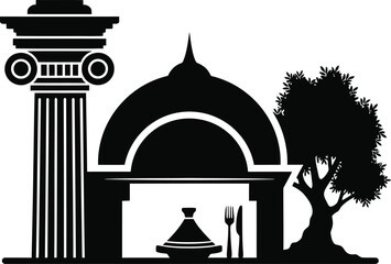 Ancient greek architecture and mediterranean cuisine symbol