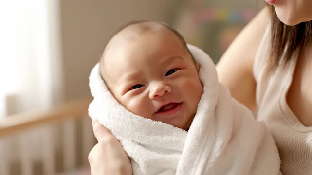 Cute newborn baby swaddled in white towel held by mother indoors