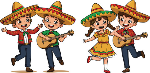 Cartoon children celebrating Mexican culture, traditional clothing and sombreros, playing guitar, festive dance, cheerful vector illustration, cultural heritage theme