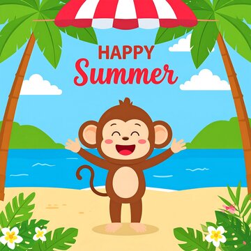 Cartoon monkey on tropical beach, welcoming summer