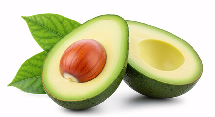 Fresh avocado cut in half with a large seed and green leaves, isolated on white background