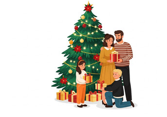 happy family decorating christmas tree. Happy family celebrating Christmas. Mother, father, daughter, and son standing near a decorated Christmas tree with gifts. Vector illustration.