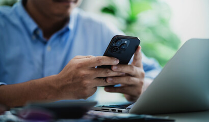 Male hand using smartphone to increase product and service concept points Customer service experience and business satisfaction surveys. banner image