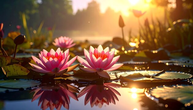 Pink water lilies with reflections on a calm, sunlit pond surface