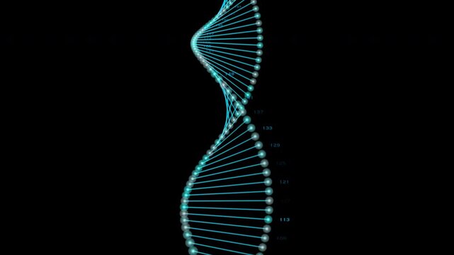 3D rotating DNA helix strands twist in digital pattern overlay