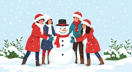 Happy family building a snowman together in winter park. Parents and child wearing warm clothes enjoying outdoor activity during snowfall. Flat vector illustration for holiday and winter concept.