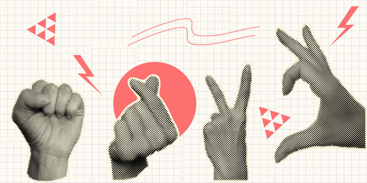 Halftone vector art with human hands. Retro dotted texture illustration. Abstract black and white pop design element. Modern raster effect for creative collage or fashion background layout. 