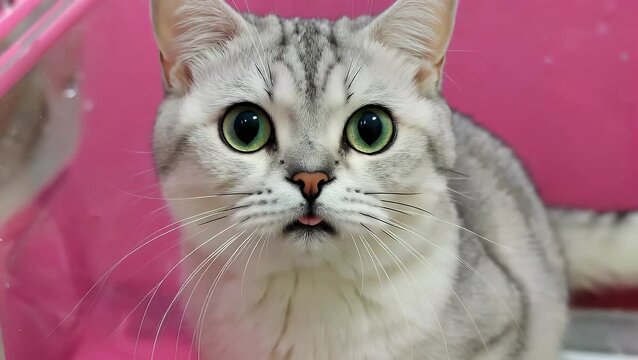 inquisitive feline with large round pupils stares intently at the observer from the other side of a transparent barrier the bright reddish pink backdrop accentuates the animal's lively character