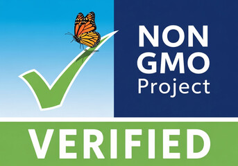Non gmo project verified butterfly logo on blue and green background