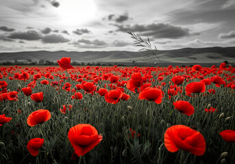 Obraz premium Red Poppies Field Background for World War Remembrance and Armistice Day,