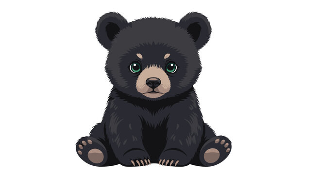 An adorable black bear cub with bright green eyes and subtle brown markings on its face and ears is depicted sitting calmly in a friendly cartoon or vector art style on a clean white background.