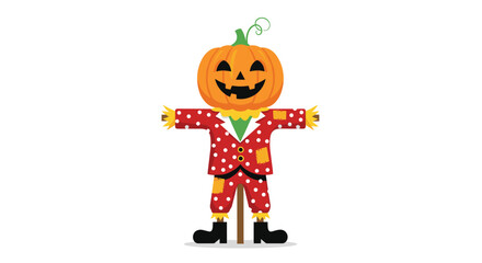 A cheerful jack-o'-lantern head scarecrow in a festive red polka dot suit with straw accents, standing tall and ready for autumn and Halloween celebrations.