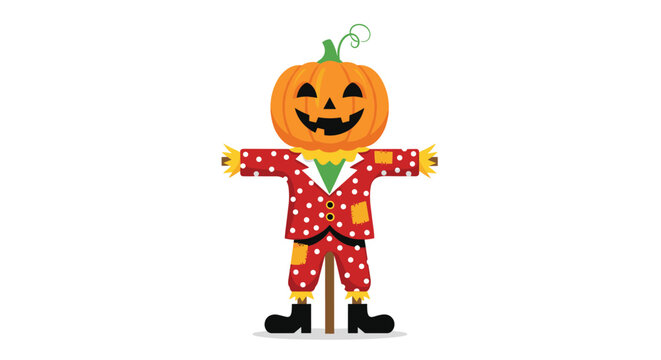 A cheerful jack-o'-lantern head scarecrow in a festive red polka dot suit with straw accents, standing tall and ready for autumn and Halloween celebrations.