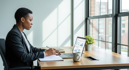 Financial Analyst Concept with professional businesswoman working on laptop, reviewing business data charts and performance graphs for corporate report at her office desk