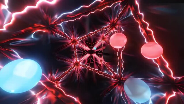 illuminated in blue and red neon hues orbit around a dark rounded triangular form  generating an abstract advanced technology motion background for the neon triangle shape in a seamless
