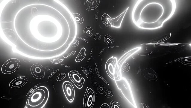 Minimalist Abstract Composition of Overlapping White Circular Shapes and Polka Dots on a Black Background