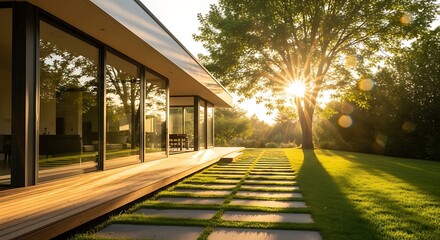 Obraz premium Modern House Exterior with Lush Garden and Sun Flare