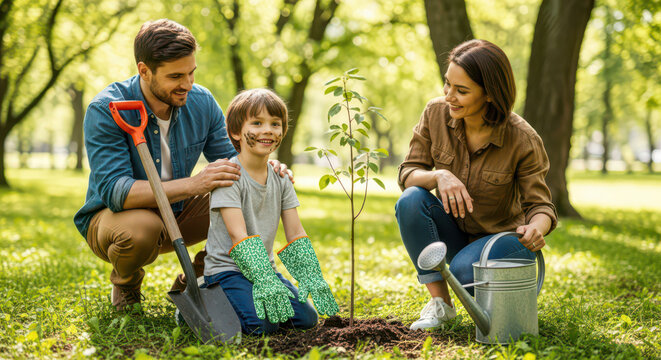 Happy family planting young tree in park together on sunny summer day, parents teaching son about nature and environmental conservation