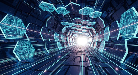 Futuristic hexagonal tunnel with glowing blue circuit patterns and light streaks abstract geometric