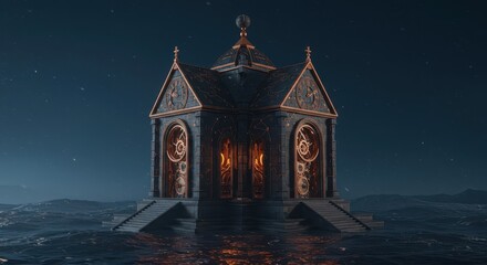 Intricate stone structure featuring glowing mechanical details sits upon dark, turbulent ocean waves under a night sky